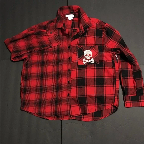 Red black plaid look rhinestone skull pocket button down shirt size large new - Picture 4 of 10